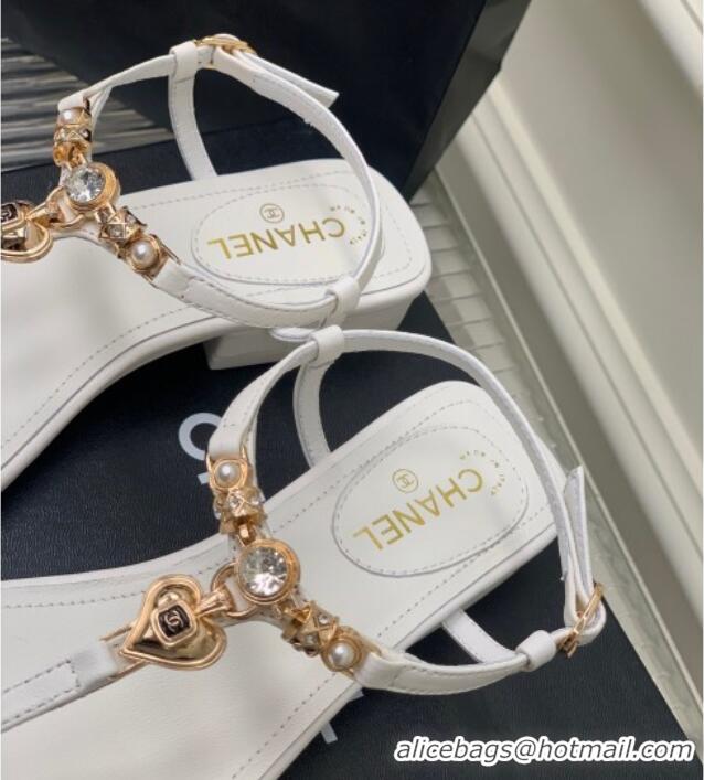 Good Quality Chanel Lambskin Flat Sandals with Love Charm G39674 White 122753