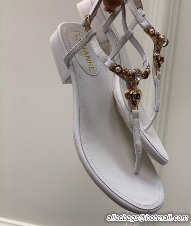 Good Quality Chanel Lambskin Flat Sandals with Love Charm G39674 White 122753