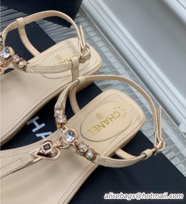 Unique Style Chanel Lambskin Flat Sandals with Love Charm G39674 Nude 122754