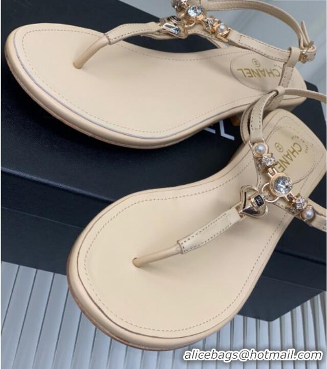 Unique Style Chanel Lambskin Flat Sandals with Love Charm G39674 Nude 122754