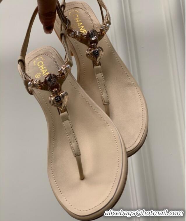 Unique Style Chanel Lambskin Flat Sandals with Love Charm G39674 Nude 122754