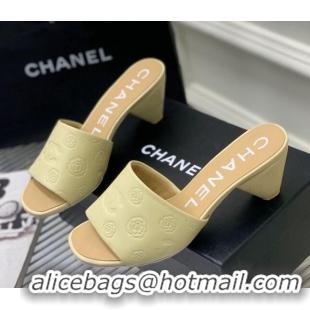 Top Grade Chanel Camellia Embossed Calfskin Heel Slide Sandals Yellow 122801