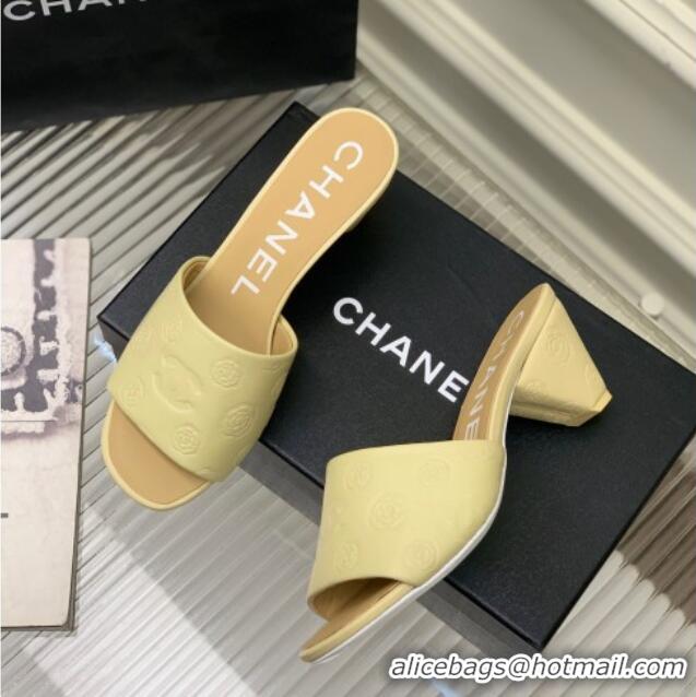 Top Grade Chanel Camellia Embossed Calfskin Heel Slide Sandals Yellow 122801