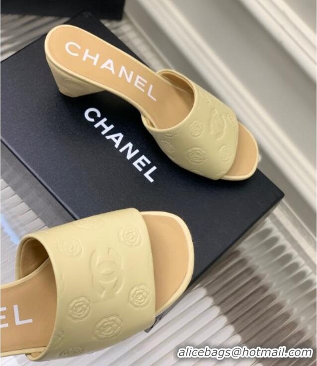 Top Grade Chanel Camellia Embossed Calfskin Heel Slide Sandals Yellow 122801