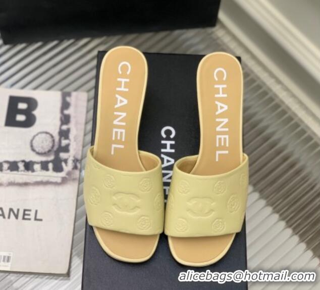 Top Grade Chanel Camellia Embossed Calfskin Heel Slide Sandals Yellow 122801