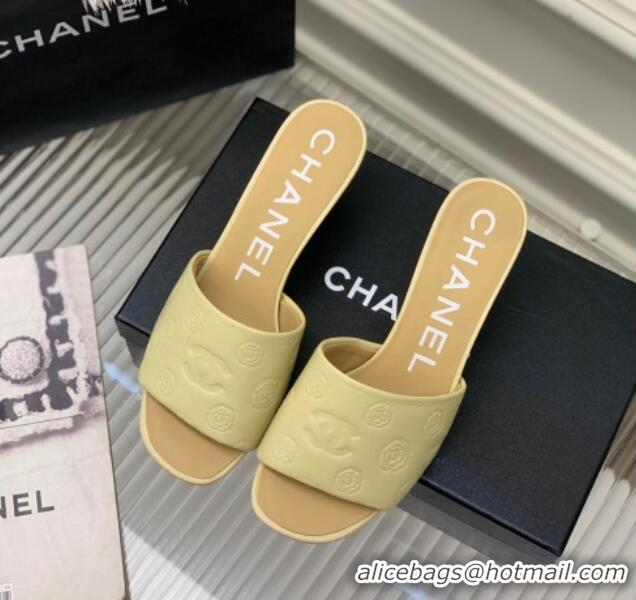 Top Grade Chanel Camellia Embossed Calfskin Heel Slide Sandals Yellow 122801