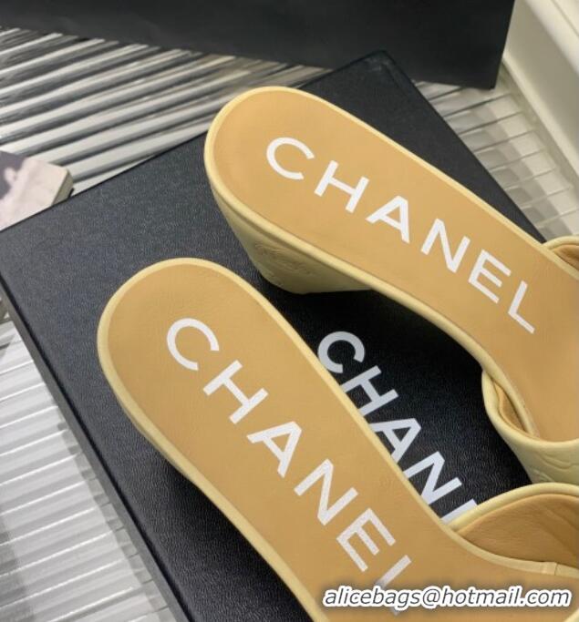 Top Grade Chanel Camellia Embossed Calfskin Heel Slide Sandals Yellow 122801