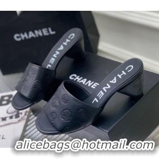 Grade Quality Chanel Camellia Embossed Calfskin Heel Slide Sandals Black 122802