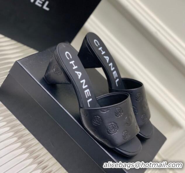 Grade Quality Chanel Camellia Embossed Calfskin Heel Slide Sandals Black 122802