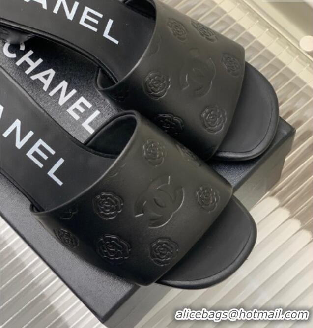 Grade Quality Chanel Camellia Embossed Calfskin Heel Slide Sandals Black 122802