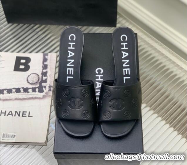 Grade Quality Chanel Camellia Embossed Calfskin Heel Slide Sandals Black 122802