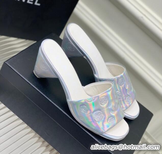 Pretty Style Chanel Camellia Embossed Calfskin Heel Slide Sandals Silver 122803