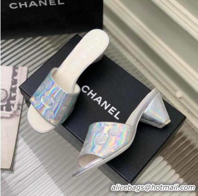 Pretty Style Chanel Camellia Embossed Calfskin Heel Slide Sandals Silver 122803