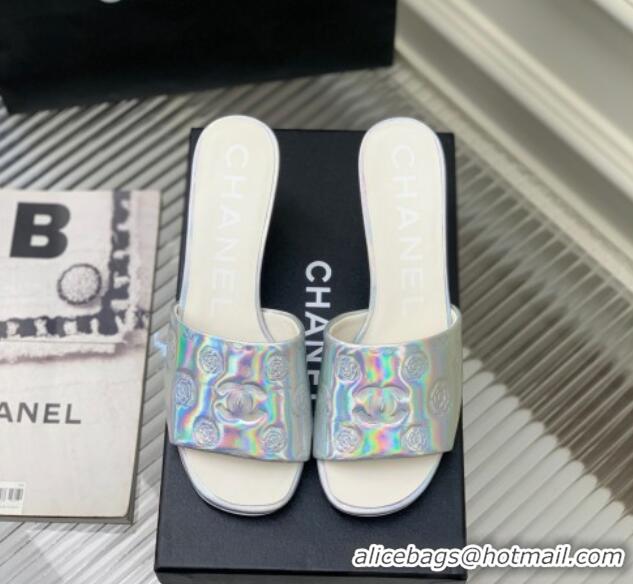 Pretty Style Chanel Camellia Embossed Calfskin Heel Slide Sandals Silver 122803