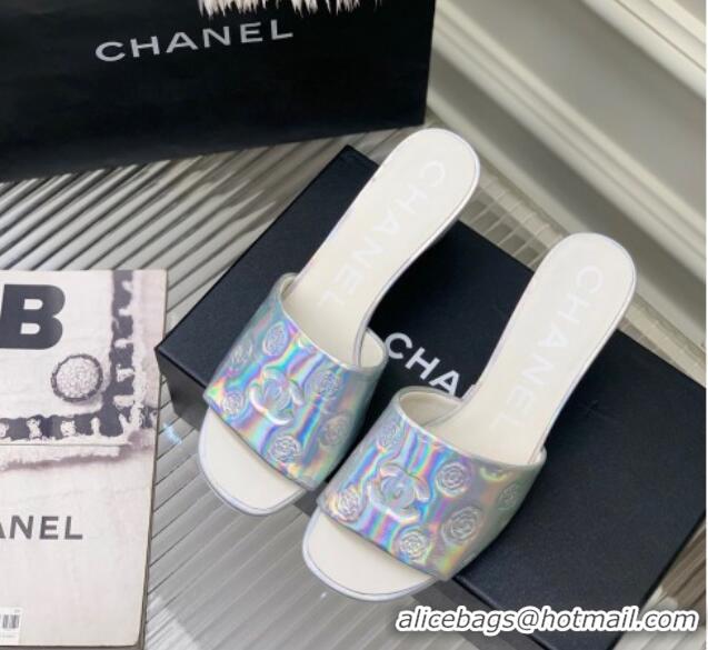 Pretty Style Chanel Camellia Embossed Calfskin Heel Slide Sandals Silver 122803