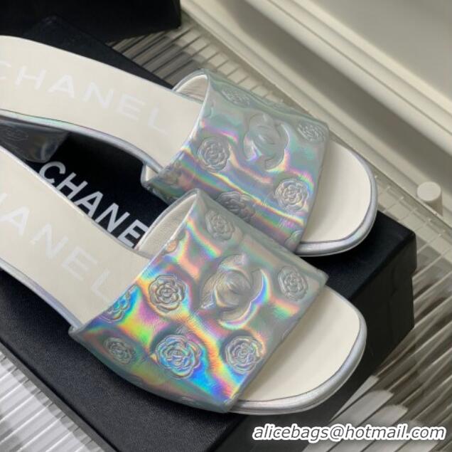 Pretty Style Chanel Camellia Embossed Calfskin Heel Slide Sandals Silver 122803