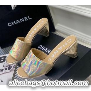 Durable Chanel Camellia Embossed Calfskin Heel Slide Sandals Gold 122804