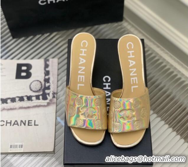 Durable Chanel Camellia Embossed Calfskin Heel Slide Sandals Gold 122804