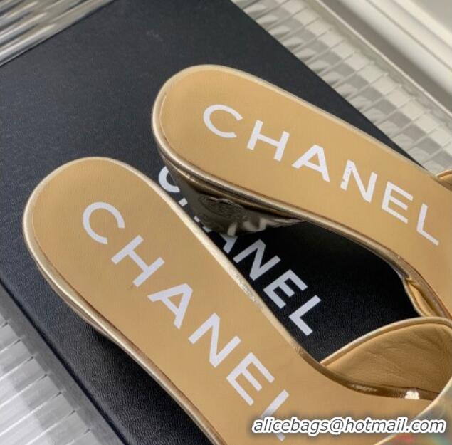 Durable Chanel Camellia Embossed Calfskin Heel Slide Sandals Gold 122804