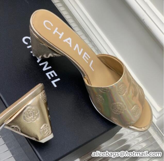 Durable Chanel Camellia Embossed Calfskin Heel Slide Sandals Gold 122804