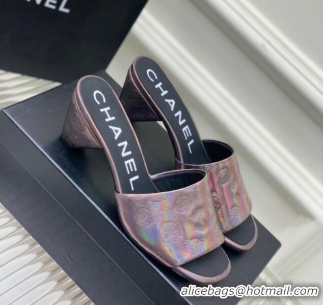 Good Looking Chanel Camellia Embossed Calfskin Heel Slide Sandals Purple 122805