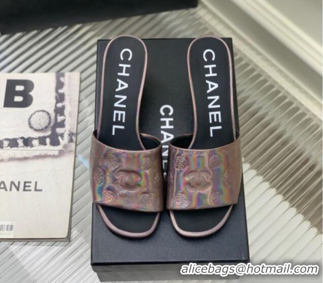 Good Looking Chanel Camellia Embossed Calfskin Heel Slide Sandals Purple 122805