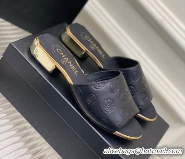 Best Product Chanel Camellia Embossed Calfskin Slide Sandals Black 122806