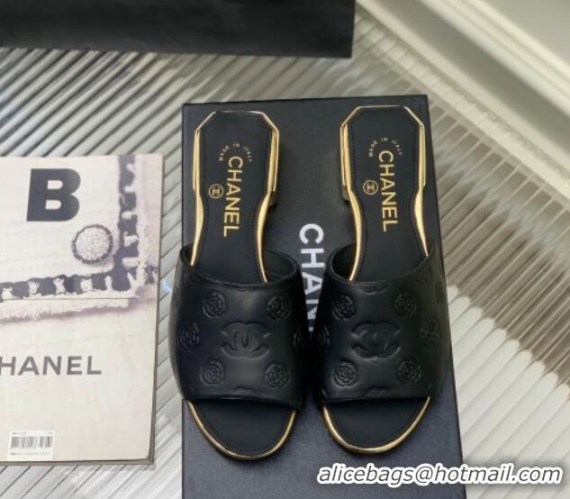 Best Product Chanel Camellia Embossed Calfskin Slide Sandals Black 122806