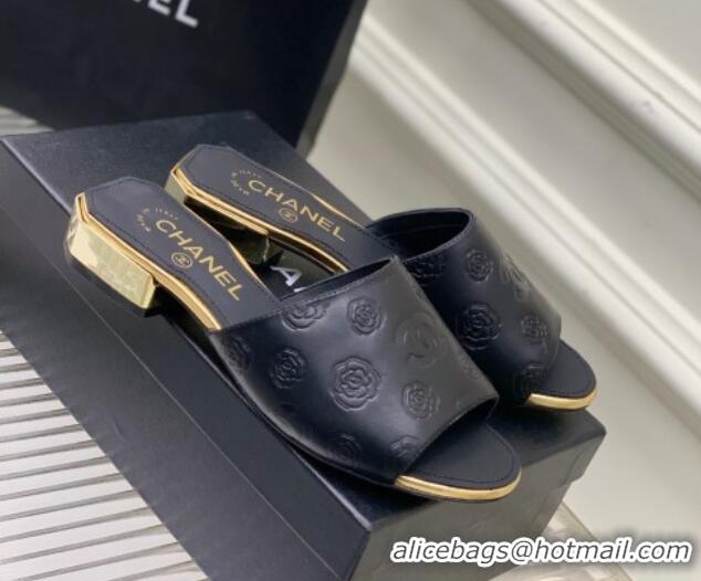 Best Product Chanel Camellia Embossed Calfskin Slide Sandals Black 122806