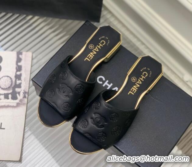 Best Product Chanel Camellia Embossed Calfskin Slide Sandals Black 122806