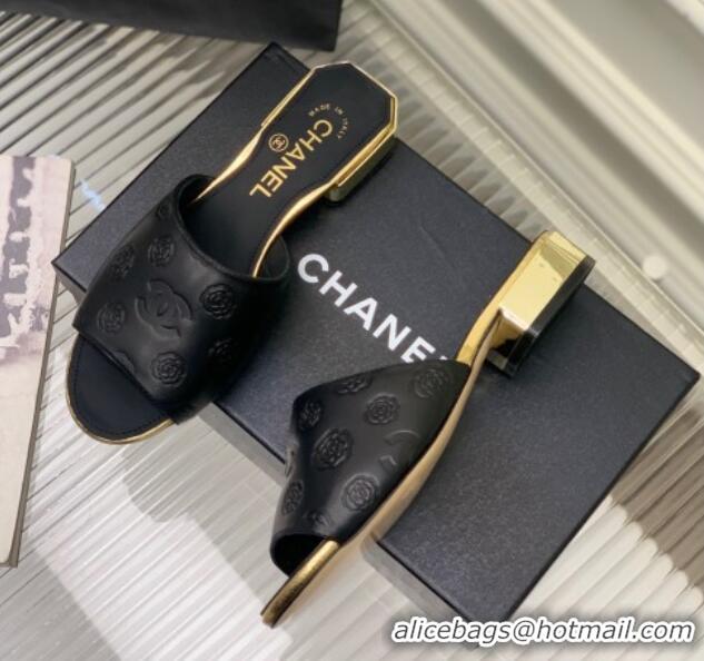 Best Product Chanel Camellia Embossed Calfskin Slide Sandals Black 122806