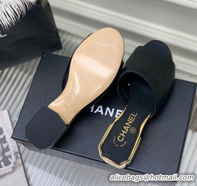 Best Product Chanel Camellia Embossed Calfskin Slide Sandals Black 122806