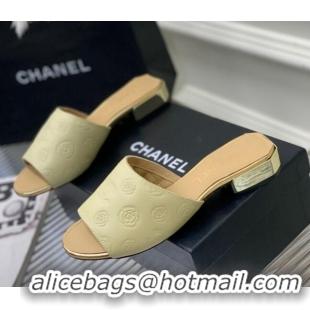 Low Price Chanel Camellia Embossed Calfskin Slide Sandals Yellow 122807