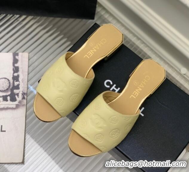 Low Price Chanel Camellia Embossed Calfskin Slide Sandals Yellow 122807