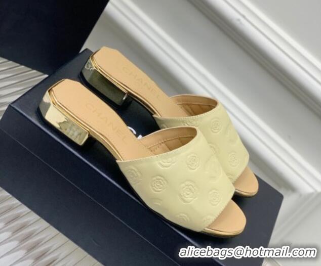 Low Price Chanel Camellia Embossed Calfskin Slide Sandals Yellow 122807