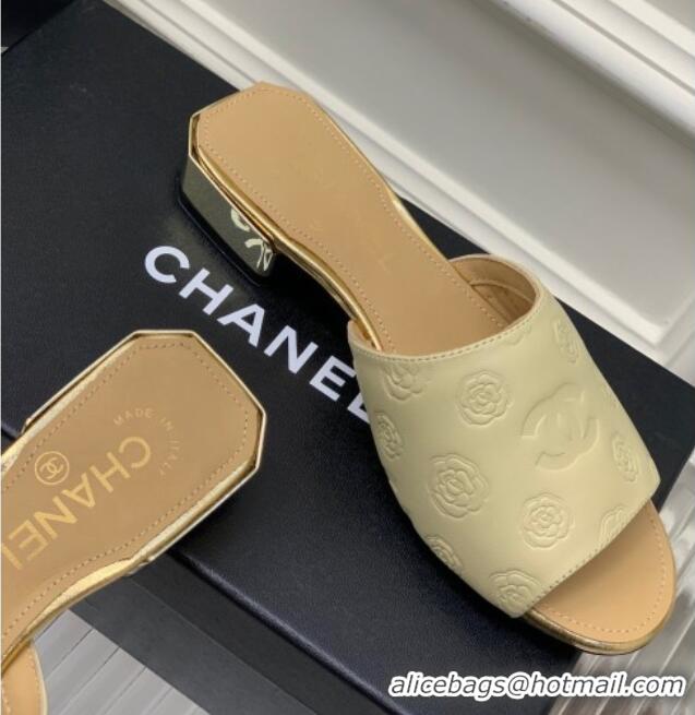 Low Price Chanel Camellia Embossed Calfskin Slide Sandals Yellow 122807