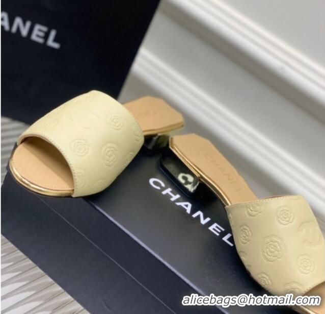 Low Price Chanel Camellia Embossed Calfskin Slide Sandals Yellow 122807