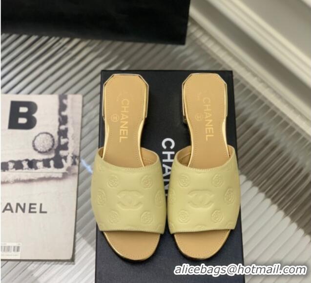 Low Price Chanel Camellia Embossed Calfskin Slide Sandals Yellow 122807