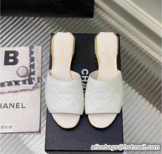 Best Grade Chanel Camellia Embossed Calfskin Slide Sandals White 122808