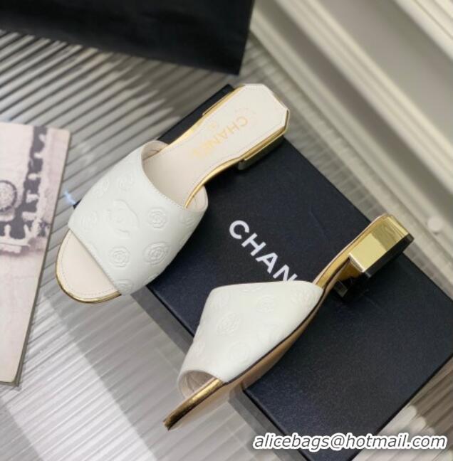 Best Grade Chanel Camellia Embossed Calfskin Slide Sandals White 122808