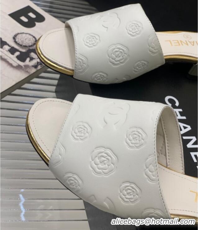 Best Grade Chanel Camellia Embossed Calfskin Slide Sandals White 122808