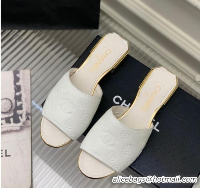 Best Grade Chanel Camellia Embossed Calfskin Slide Sandals White 122808