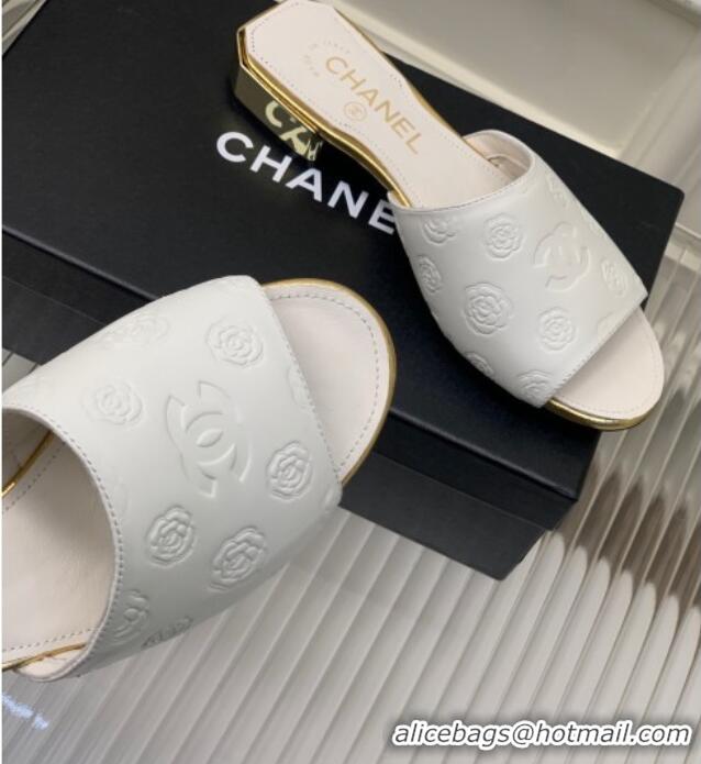 Best Grade Chanel Camellia Embossed Calfskin Slide Sandals White 122808