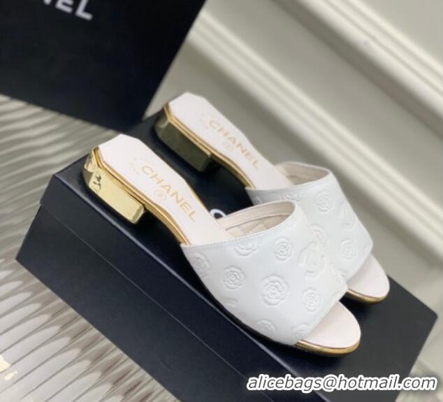 Best Grade Chanel Camellia Embossed Calfskin Slide Sandals White 122808