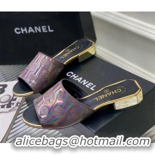 Popular Style Chanel Camellia Embossed Calfskin Slide Sandals Purple 122809