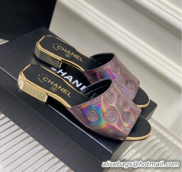 Popular Style Chanel Camellia Embossed Calfskin Slide Sandals Purple 122809