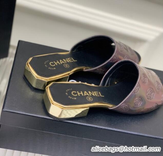 Popular Style Chanel Camellia Embossed Calfskin Slide Sandals Purple 122809