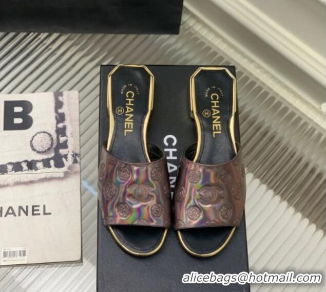 Popular Style Chanel Camellia Embossed Calfskin Slide Sandals Purple 122809