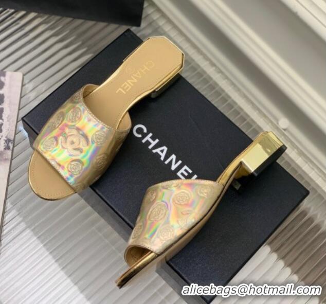 Charming Chanel Camellia Embossed Calfskin Slide Sandals Gold 122810