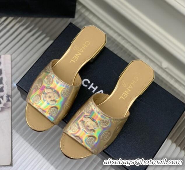 Charming Chanel Camellia Embossed Calfskin Slide Sandals Gold 122810